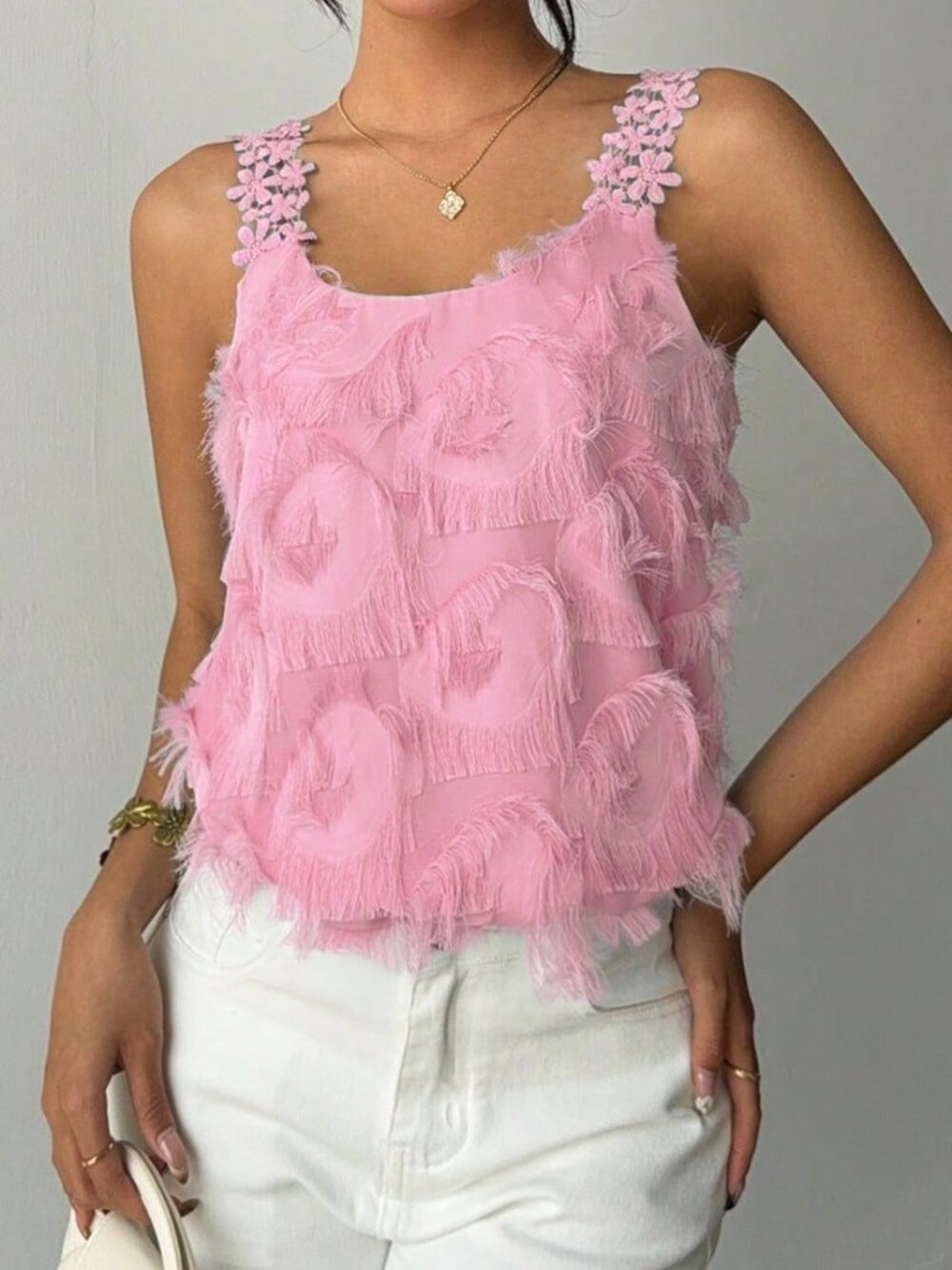 Pink Casual Women's Elegant Floral Lace Patchwork Textured Sleeveless Top - Picture 4 of 7